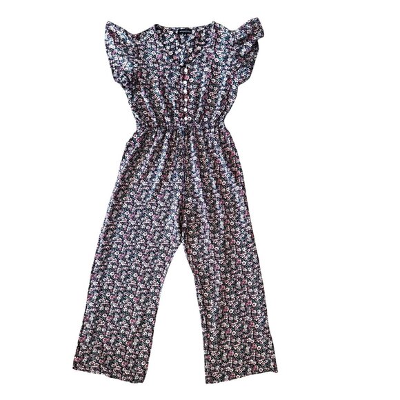 Larsyn & Lily Womens Micro Floral Jumpsuit M Flutter‎ Sleeves Button Cinch Waist - Picture 1 of 6